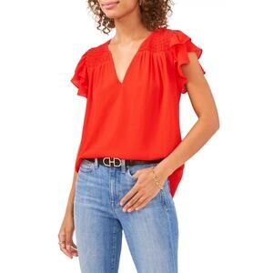 Vince Camuto Smocked Flutter Sleeve Red Blouse Size Medium